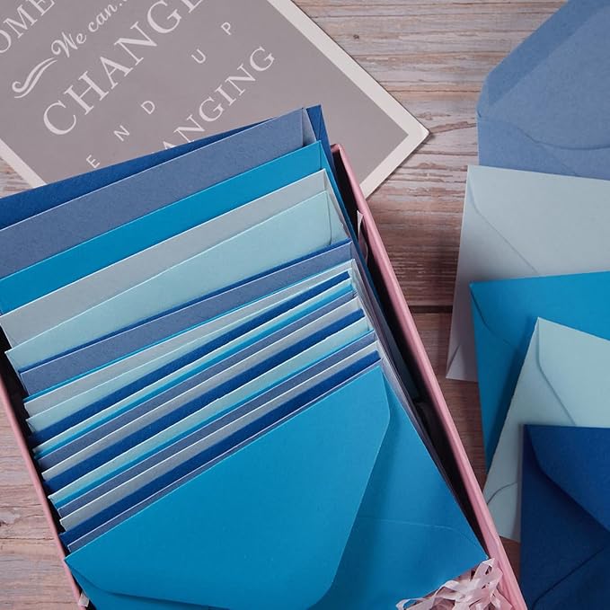 100 Pack Mini Envelopes with Note Cards in 5 Colors for Wedding, Birthday, Baby Showers, 4 x 2.7 Inches (Blue)