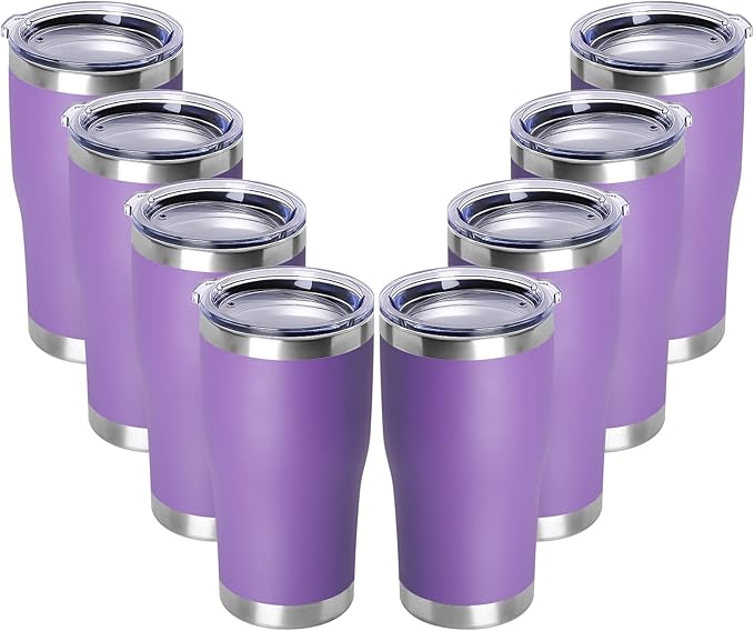 DOMICARE 20oz Tumbler with Lid Stainless Steel Tumblers Bulk, Double Wall Vacuum Insulated Coffee Travel Mug Powder Coated Tumbler, 8 Pack Purple