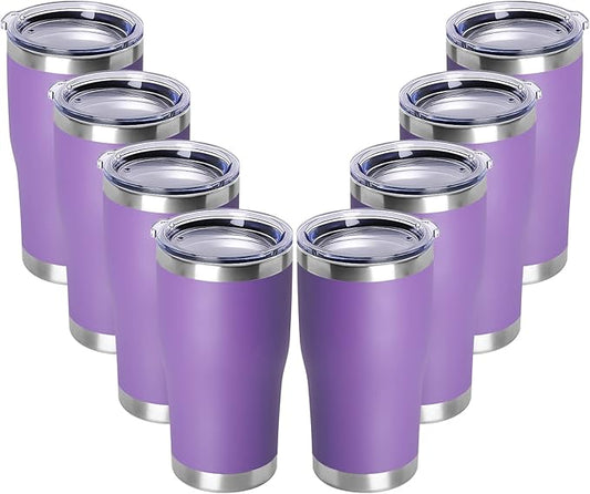 DOMICARE 20oz Tumbler with Lid Stainless Steel Tumblers Bulk, Double Wall Vacuum Insulated Coffee Travel Mug Powder Coated Tumbler, 8 Pack Purple