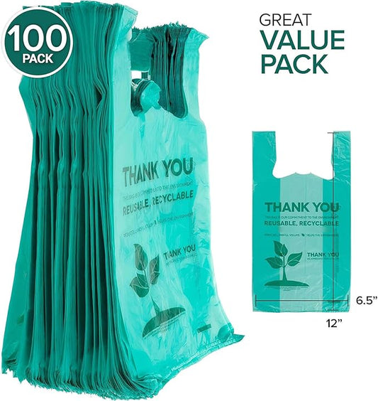 Stock Your Home Eco Grocery Bags Disposable T-Shirt Thank You Bag with Handles for Supermarket, Groceries, Produce, Shopping