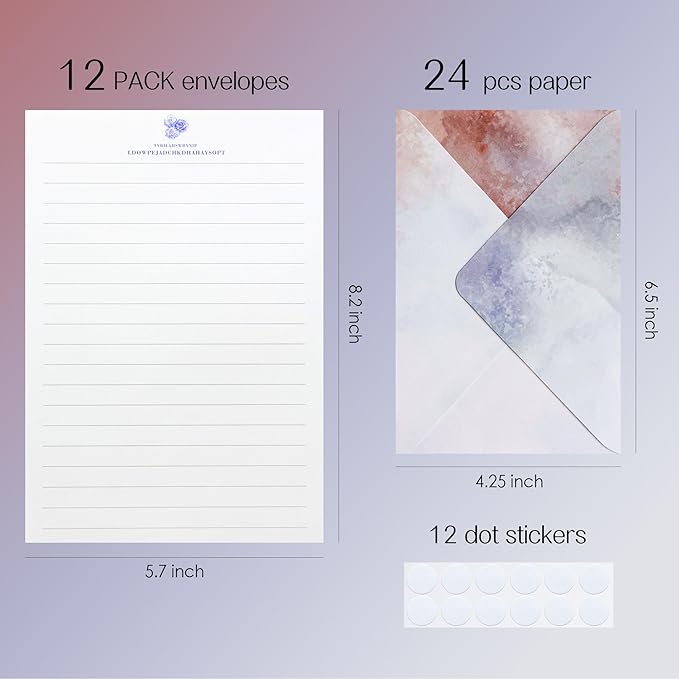 Tuhangcc Stationary Paper Set Minimalism - Hand Blended Colors, 12 Envelopes (4x6 in) & 24 Lined Paper for Wedding Love Letters, Invitations, Anniversaries (Cherry Blossom Mist)