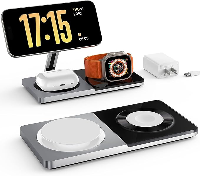 3 in 1 Charging Station for Apple Devices: Mag-Safe Charger Stand Fast Charging, Wireless Charger for iPhone 16/15/14/13/12 Series, Apple Watch Series 1-9/Ultra, AirPods Pro,30W USB Charger (Silver)