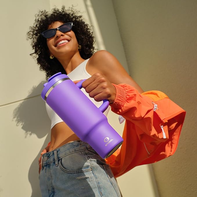 40 oz Tumbler with Handle and Straw: Stainless Steel Insulated Tumbler Keeps Cold for 24 Hours, Leakproof Travel Cup Fits in Cup Holder and BPA-Free, Violet