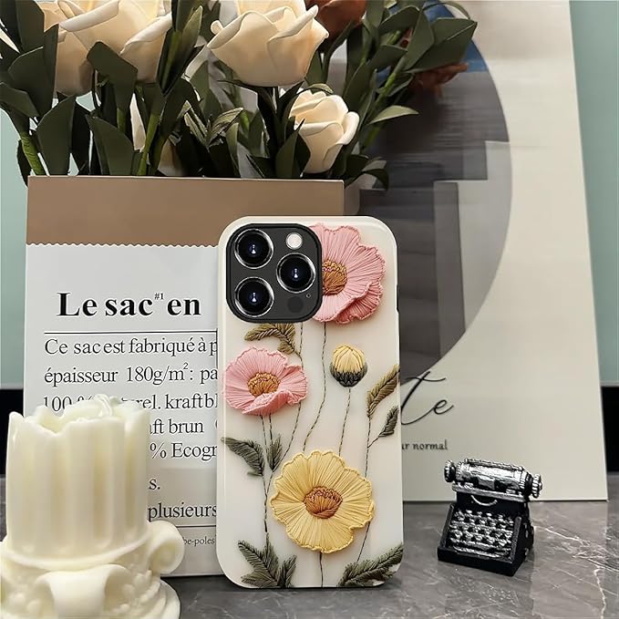 Case for iPhone 12 12 Pro Case,Faux Embroidery Boho Floral Design - Hybrid Dual Protection Silicone + Hard PC Shockproof Full Body Cover Slim Anti-Scratch Protective Case for Men Women