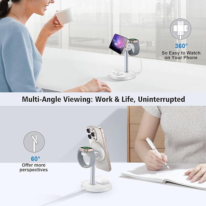 3 in 1 Wireless Charging Station for Multiple Devices, 15W Fast Magnetic Wireless Charger Stand with Adjustable Angle, Compatible with iPhone12-16 Series, Apple Watch, AirPods - Gifts for Men &Women
