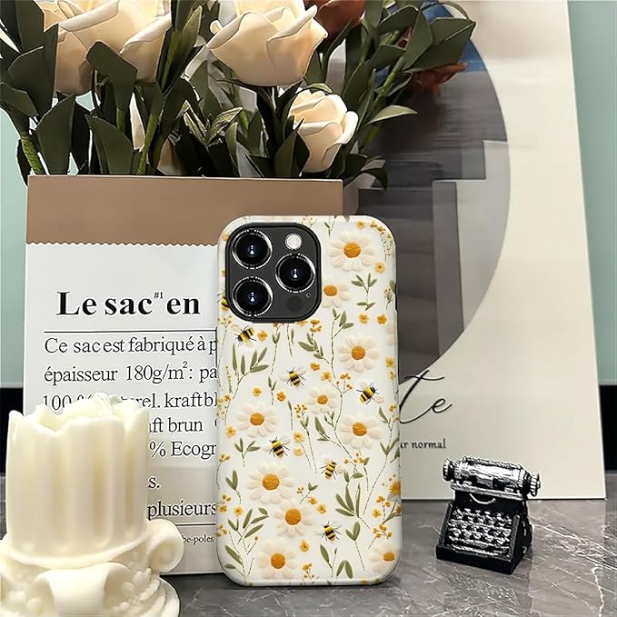Case for iPhone 16 Pro Case,Bees Sunflowers Design - Hybrid Dual Protection Silicone + Hard PC Shockproof Full Body Cover Slim Anti-Scratch Protective Case for Men Women