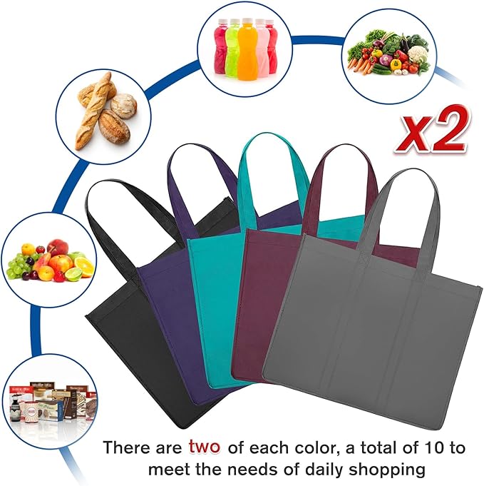 WISELIFE Reusable Grocery Shopping Bags 10 Pack Large Foldable Tote Bags Bulk, Long Handle for Shopping Groceries Clothes (New 5 Colors)