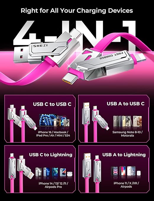 [2025 Upgrade] 4-in-1 USB C Cable 60W 5FT Compatible With Lightning Cable [Fast Charging & Data Transfer] Flat Type C/A to C/L Cord for iPhone/iPad, Multi Charger Wire Combo for All Devices (Pink)
