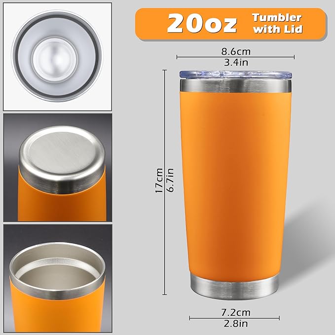 20oz Tumbler Bulk Stainless Steel Tumblers with Lid Vacuum Insulated Double Wall Travel Coffee Mug Powder Coated Tumbler Cup for Hot and Cold Drinks(Orange, 6 pack)