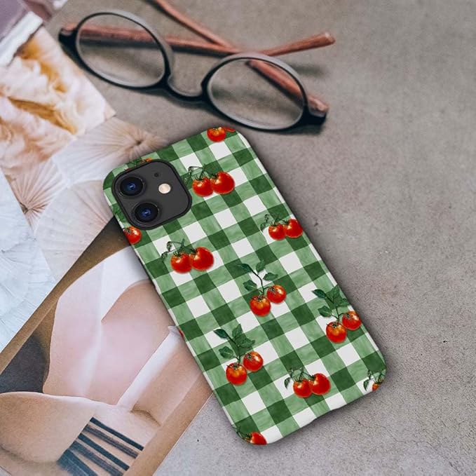 DAIZAG Case Compatible with for iPhone 11,Green Red Checkerboard Tomatoes Watercolor Phone Case for iPhone 11 for Girl Women Boy Men