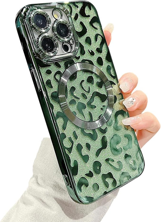 for iPhone 15 Pro Max Case Magnetic,Soft Cute Luxury Leopard Cheetah Pattern Plating Glitter Bling Phone Case Compatible with MagSafe Clear Shockproof Back Cover for Women Girl 6.7"-Green