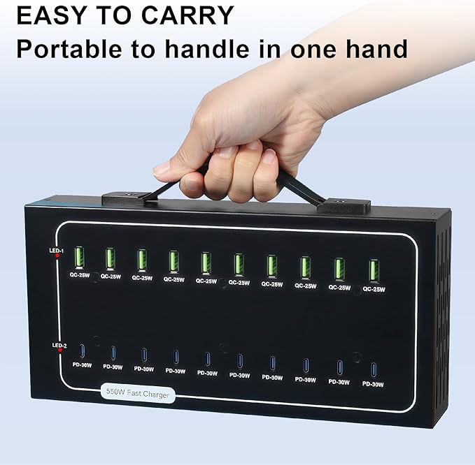 550W USB Charging Station, 20 Port (10 PD+10 QC) USB C Charger Block, Fast Charging Station for Multiple Devices with Smart Power Delivery for iPhone, iPad, Tablet and More