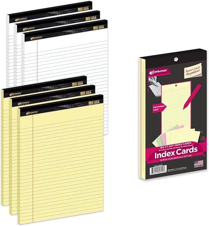KAISA 20LB Legal Pads 8.5 x 11 6 Notepads Wide Ruled Yellow Pads White Pads 8-1/2"x11-3/4 Heavy Weight Paper Perforated Write Pads Sturdy Writing Tablets And Coloerd Tearable Index Cards 3x5