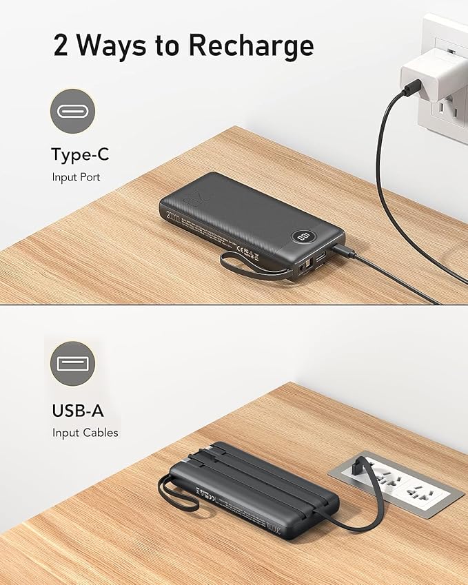 VEEKTOMX Portable Charger with Built-in Cables, 20000mAh Power Bank for iPhone, Fast Charging USB C Battery Pack, Travel Essentials Powerbank Compatible with iPhone, Samsung, Android, etc