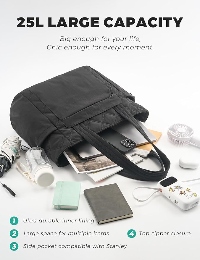 Tote Bag for Women, Lightweight Puffer bag with Zipper & Compartments, Quilted Shoulder Bag for Work, Travel,Gym