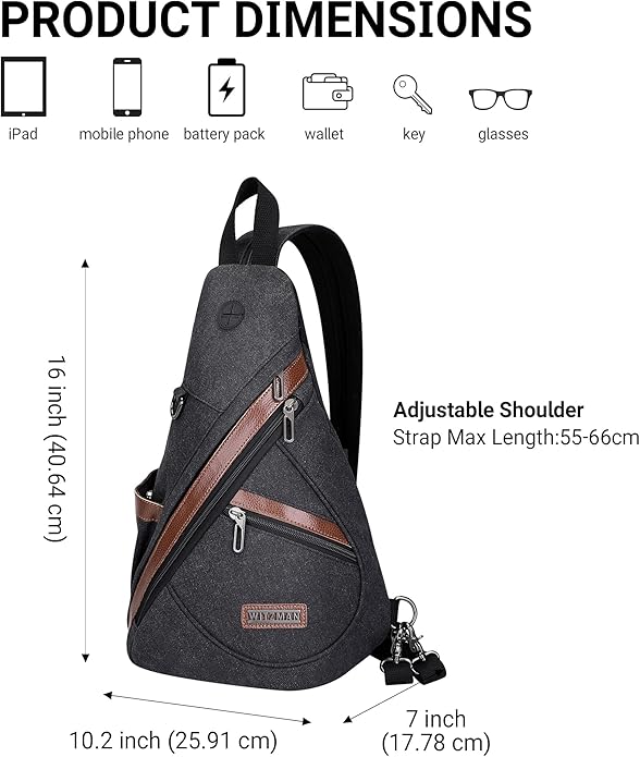 WITZMAN Canvas Sling Bag for Men Women Convertible Sling Backpack Crossbody Vintage Chest Bag Travel Casual Daypack（A8003 Black）