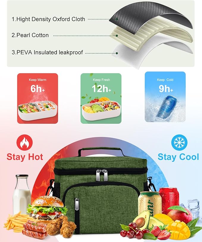 Insulated Lunch Bag for Men & Women - Leakproof Lunch Box Soft Cooler Tote, Adjustable Strap, Reusable Lunch Box for Work Office Picnic Beach Travel-Green
