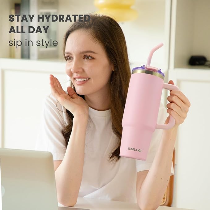 30 oz Tumbler with Handle, Tumbler with Lid and Straw, Double Wall Vacuum Insulated Travel Mug Stainless Steel Tumbler for Hot and Cold, Cupholder Friendly (Pink)