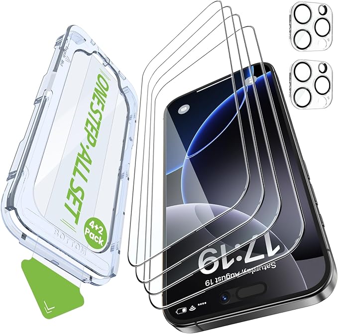iGluz 4 Pack for iPhone 16 Pro Max Screen Protector with 2-Pack Camera Lens Protector[99.99%HD Clear][9H Tempered Glass][Bubble Free][Easy Installation][Smooth Touch][Anti-fingerprint],4+2 Protection