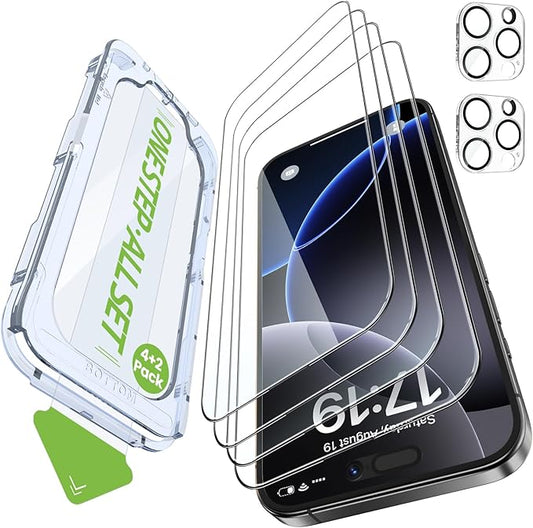 iGluz 4 Pack for iPhone 16 Pro Max Screen Protector with 2-Pack Camera Lens Protector[99.99%HD Clear][9H Tempered Glass][Bubble Free][Easy Installation][Smooth Touch][Anti-fingerprint],4+2 Protection