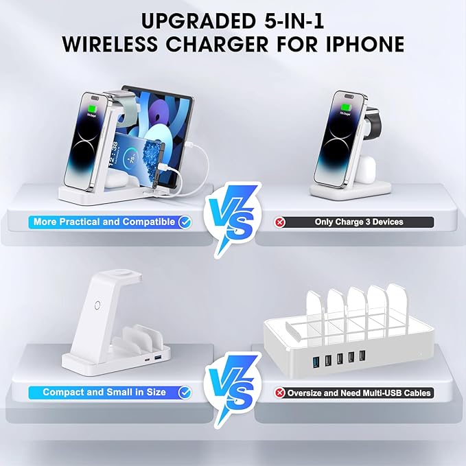 Wireless Charger for iPhone - 5 in 1 Charging Station for Multiple Devices Apple: Fast Wireless Charging Stand Dock for iPhone 16e 16 15 14 13 12 Pro Max Apple Watch Airpods(White)