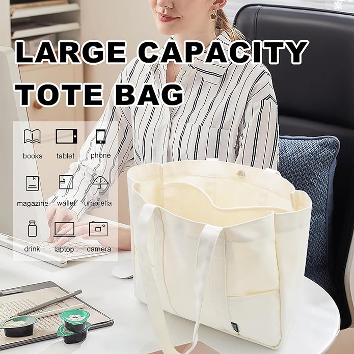 TeeYee Women's 20L Canvas Tote Bag Reusable Multi-Pocket Organizer for Travel Work Gym Shopping Large Shoulder Bag