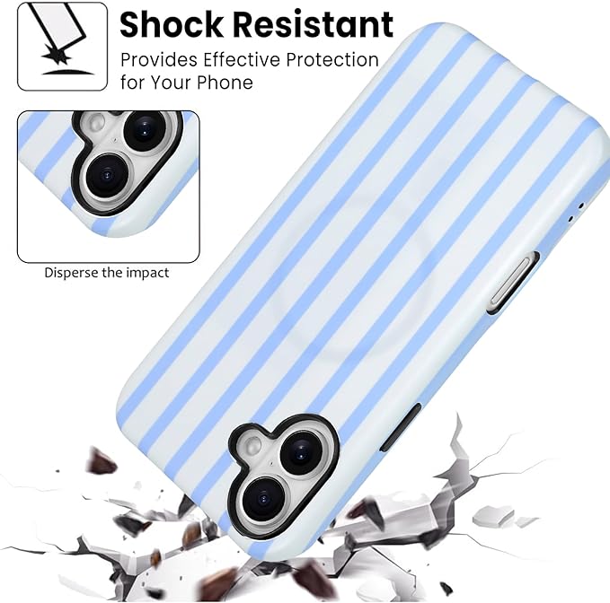 SOKAD Magnetic Vertical Stripes Phone Case for iPhone 16, Cute Light Blue Striped Line Pattern Compatible with Magsafe Matte Protective Case Cover with Screen Protector for Girls Women