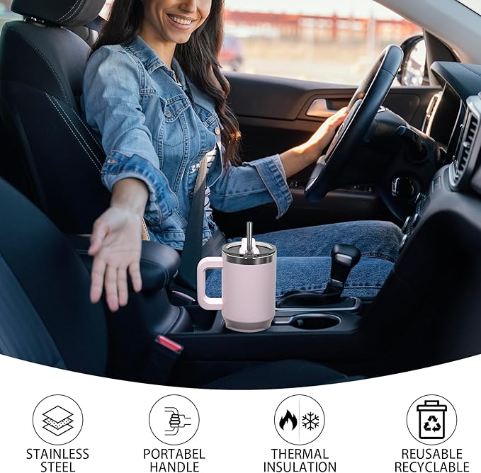 20 oz Tumbler with Handle,Tumbler with Lid and Straw,Double Wall Insulated Cup Stainless Steel Travel Mug(Cold for 34 Hours),Water Bottle for Iced Tea,Coffee,Cold Beverages(Rose Quartz)