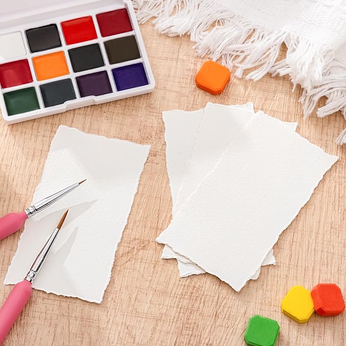 50 Sheets Deckled Edge Paper 2 x 3.5 inch, 160 GSM Handmade Paper Rough/Textured Watercolor Paper for Wedding Invitations, Cards, Crafts