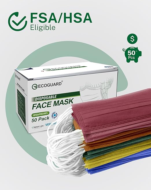 Disposable Face Masks Made in USA, 4 Ply for Families, Students, Breathable All-Day Wear & Safety, FSA HSA Eligible, ASTM Level 3 Medical Grade, 50 Pack, Royal Forest