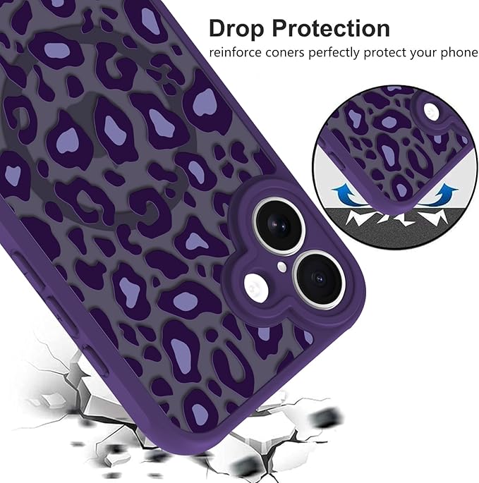 KANGHAR Case for iPhone 16 Purple Leopard Printed Pattern Cute Cheetah [Compatible with Magsafe] Protective Magnetic Case for Girls Women 6.1"