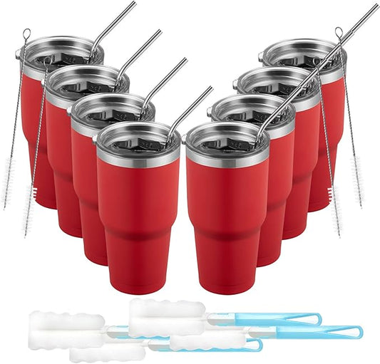 COMOOO 30oz Tumbler Stainless Steel Insulated Tumbler with Lid Double Wall Vacuum Coffee Cup Large Travel Mug for Home, Office, School,Party (Red, 8 Pack)