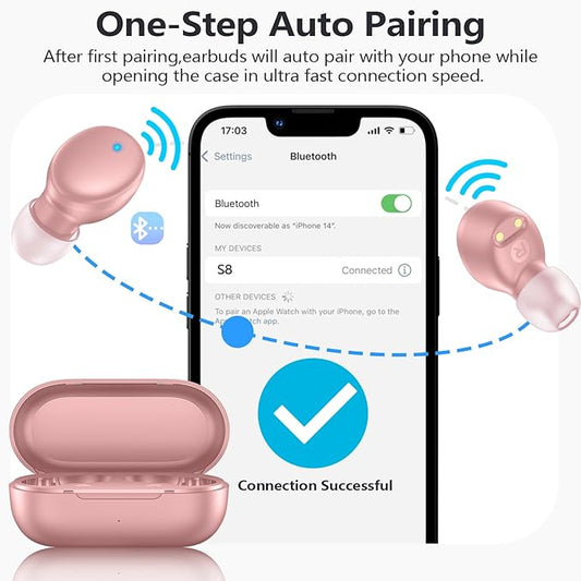 MOZOTER S8 Mini Wireless Earbuds Bluetooth 5.3 in Ear Light-Weight Headphones,60Hrs Playtime Ear Buds with Charging Case,Bluetooth Headsets,Premium Sound with Deep Bass for Sport-Pink