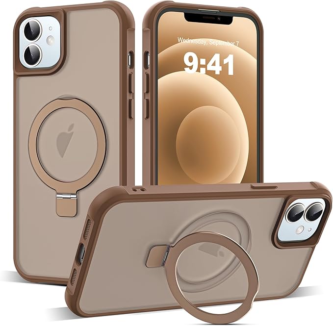 Compatible with iPhone 12 Case & iPhone 12 Pro Case with Invisible Magnetic O-Ring Stand Translucent Phone Cases 6.1" [Compatible with Mag-Safe][Great Grip Feeling],Desert Brown