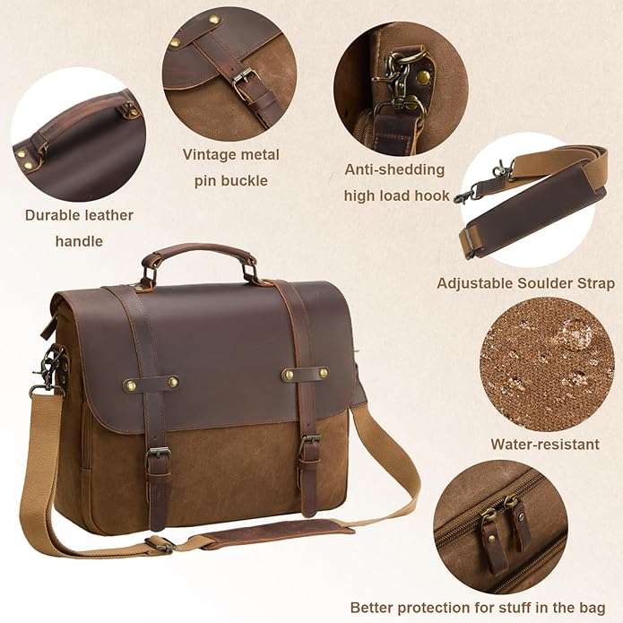Mens Messenger Bag Waxed Canvas Laptop Briefcase 15.6“ Vintage Genuine Leather Crossbody Bags Waterproof Satchel Shoulder Bag