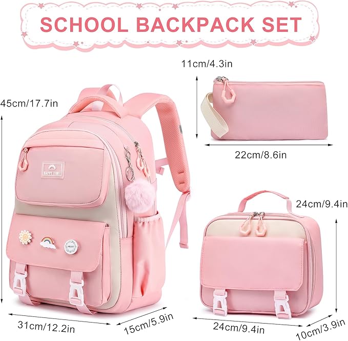 MOMUVO School Backpack Set for Girls,3pcs Bookbag with Lunch Box Pencil Case Kids School Bag Set