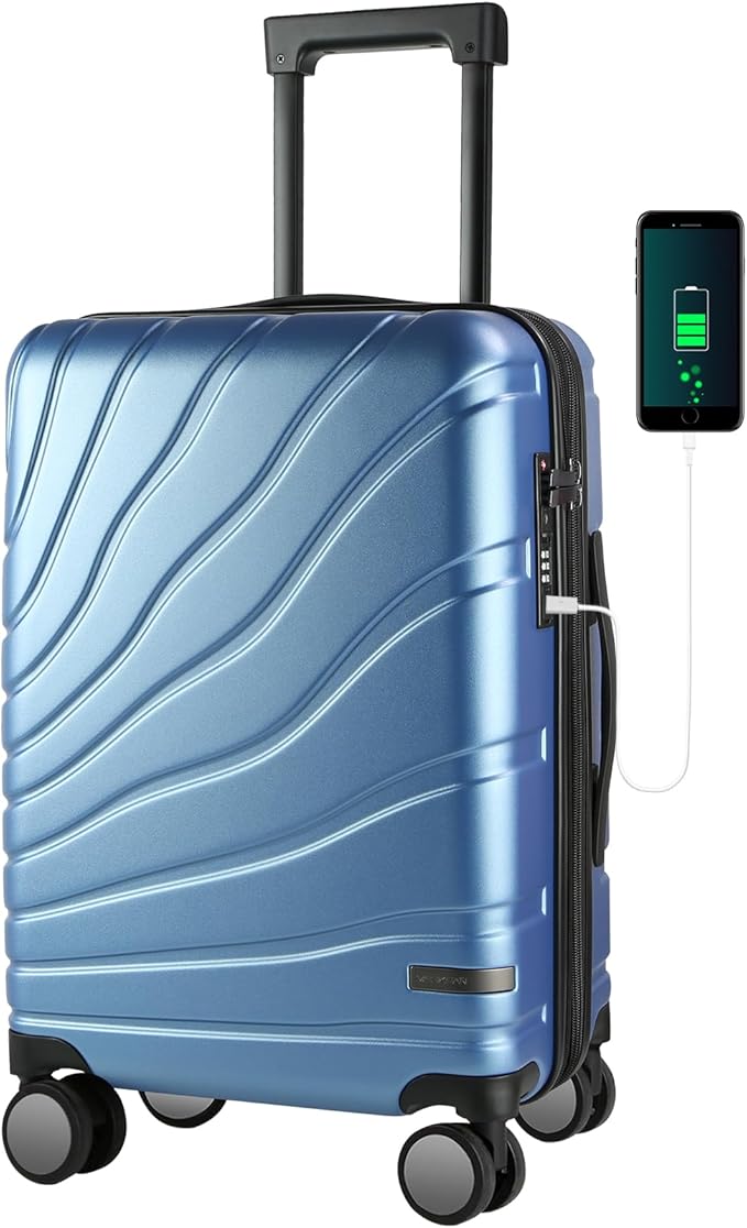 VANKEAN Carry On Luggage with Spinner Wheels & TSA Lock, Expandable Fashionable Hard Shell Suitcase airline approved，20 Inch Carry-On，Light Blue