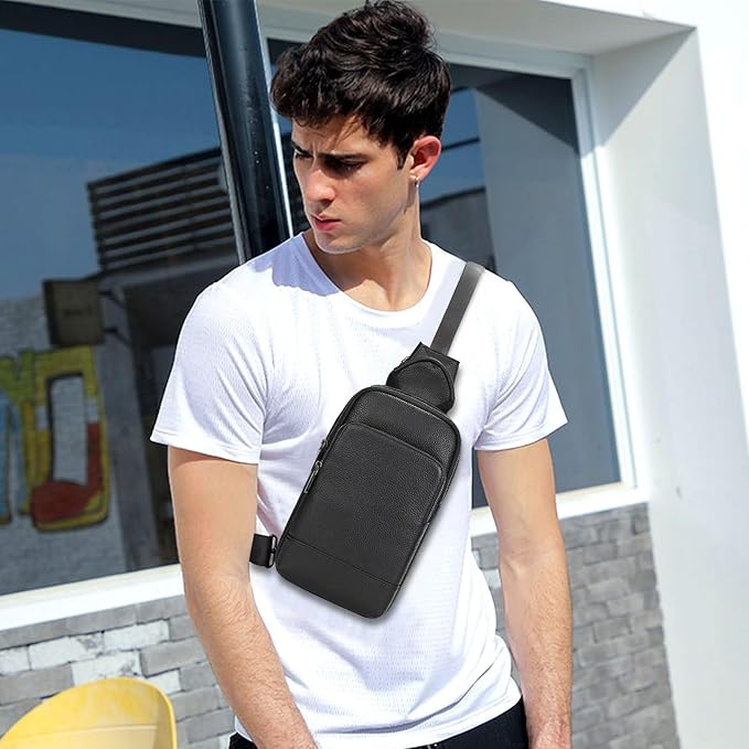 Genuine Leather Sling Bag Multi-pocket Chest Bag for Men Hiking Travel Daypack