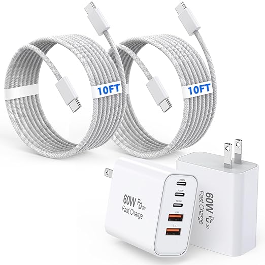 10Foot iPhone 17/16/15 Cord Fast Charging,2Pack Super Quick 35W i Phone USBC Charging Block 5-Port Phone Plug Long 10FT Type C Woven Cable for i Phone17/17 Air,iPhone 16e/16/15/15Pro,iPad Pro/Air/Mini