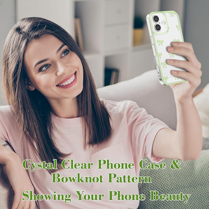 EYZUTAK Case for iPhone 16 Plus, Clear Cute Ribbon Bowknot Pattern Aesthetic Transparent Phone Case Raised Camera Protection Stylish Slim Soft Durable TPU Protective Cover for Women Girls - Green