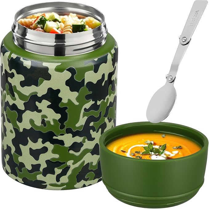 17oz Soup Thermo for Hot Food Kids Insulated Food Jar,Thermo Hot Food Lunch Container, Width Mouth Stainless Steel Lunch Box for Kids with Handle Folding Spoon(Army Green - Camouflage)