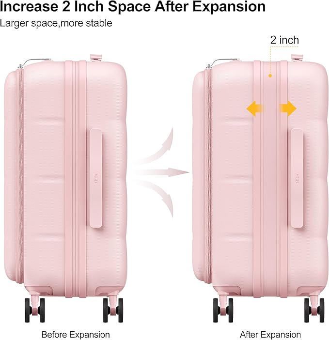 MGB 20 Inch Expandable Carry On Luggage with Wheels PC Hard Shell Suitcase Top Opening Travel Luggage Suitcases for Woman Men Gifts (Pink)
