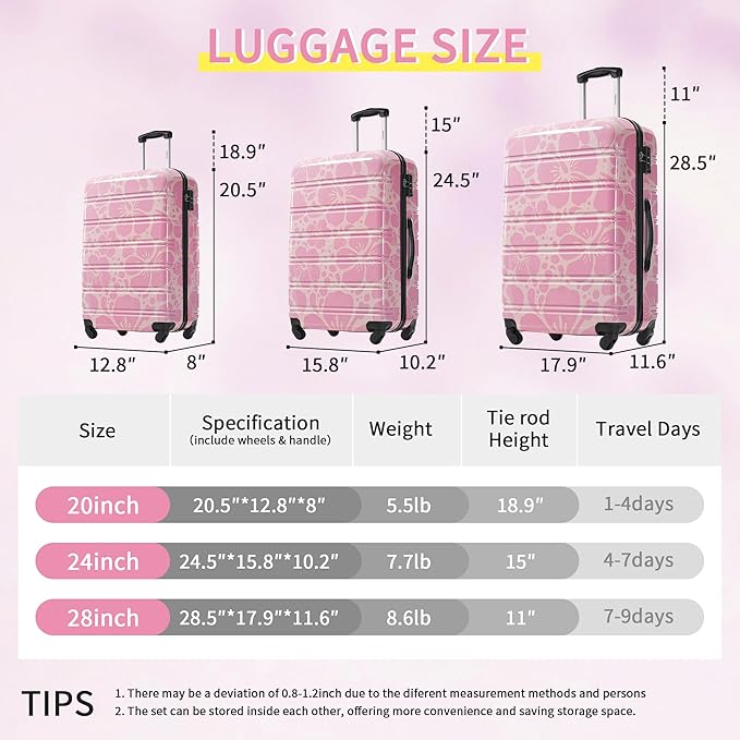 Merax Luggage Sets 3 Piece, Hardside Suitcase Set with Spinner Wheels, Lightweight Printing Luggage Carry on,20+24+28 IN,Pink