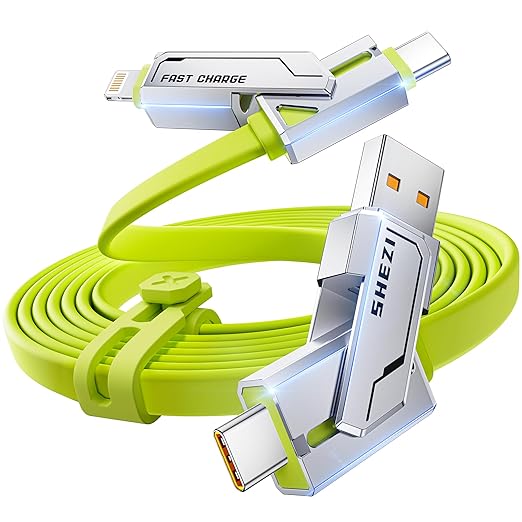 SHEZI [2025 Newly Upgrade] 4-in-1 Charging Cable 240W 5FT USB C Cable Fast Charging Flat Soft Thick Silicone for iPhone 16/15 Charger Cord, Multi Charge Combo with L/USB C/USB A Port, Green