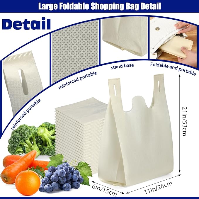 Windyun Large Grocery T-shirt Bags Bulk Reusable Non Woven Shopping Bag Foldable Gift Tote with Handle, 21x11x6 Inch