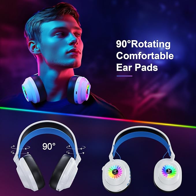HW10 Wireless Gaming Headset for PS5, PC, PS4, Switch, Noise Cancelling Over Ear Headphones with Mic, 2.4GHz Low Latency & Bluetooth, 50Hr Battery, RGB Light(White/Blue)