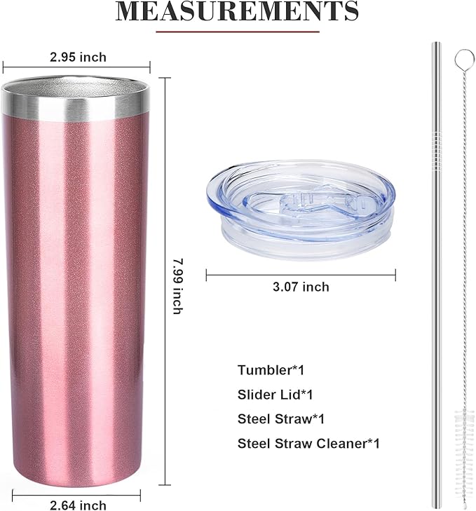20 oz Skinny Tumblers with Lid and Straw,Stainless Steel Vacuum Insulated Tumbler Cup Double Wall Travel Coffee Mug, Thermal Water Tumbler for Hot and Cold Drinks(Rose Gold,1)