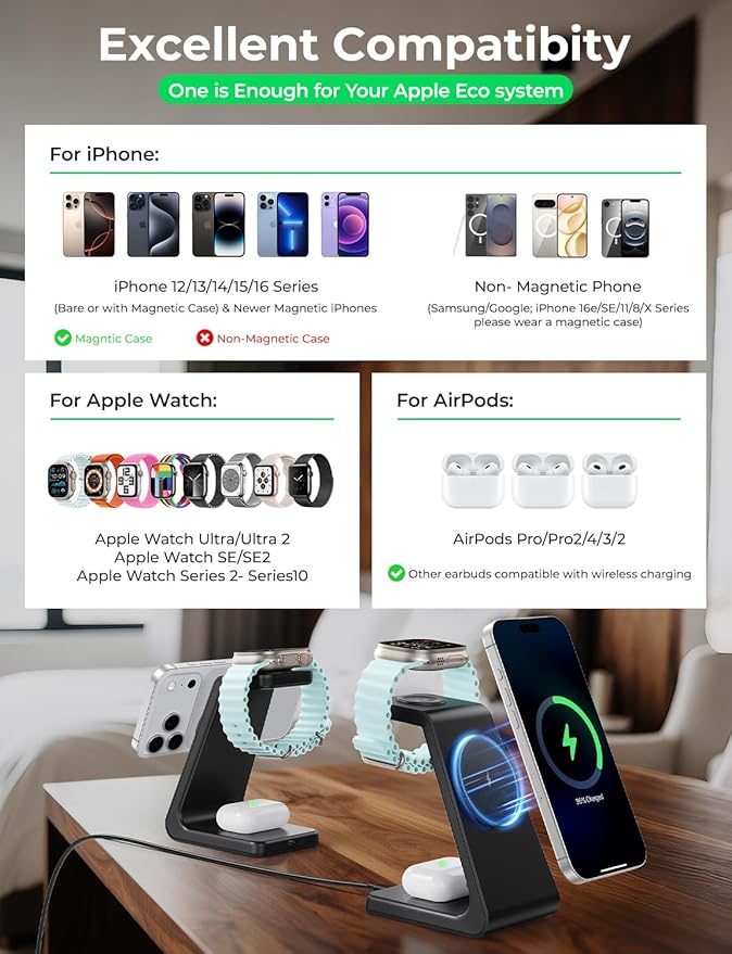 3 in 1 Wireless Charging Station for Apple Mag Safe Charger, 15W Fast Mag-Safe Charger Stand Compatible with iPhone 17 16 15 14 13 12, Apple Watch Charger & Airpods, Gifts for Wife & Husband, Black