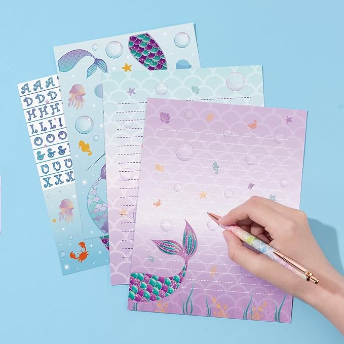 WERNNSAI Kids Stationery Set - 72PCS Girls Stationery Set Teens Mermaid Letter Writing Kit Letter Paper Set Stationery Writing Sheets with Envelopes School Mermaid Gift for Girls