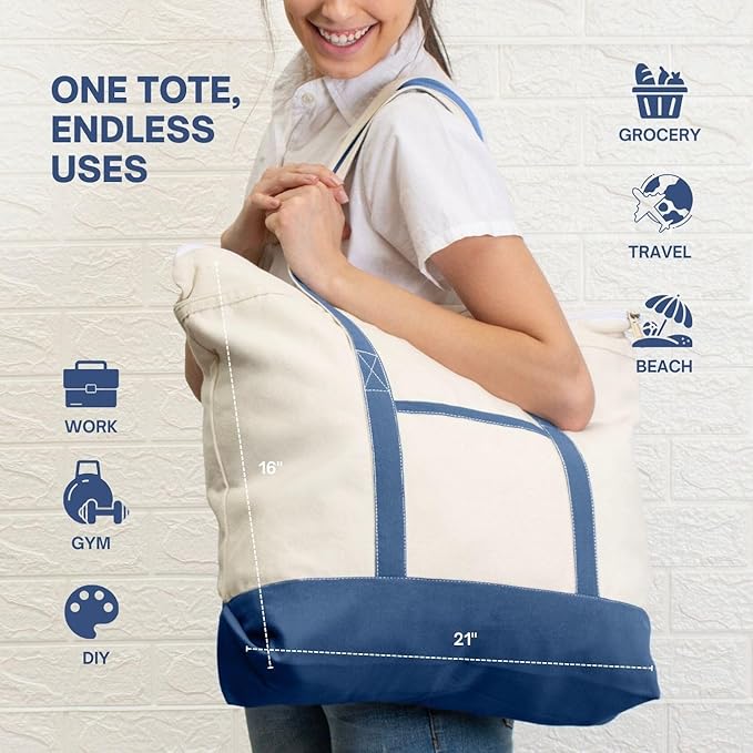 Cotton Canvas Tote Bag with an External Pocket & Top-Zipper Closure For - Gym, Beach, DIY, Work, Travel, Shopping